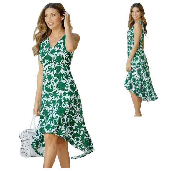 Monroe & Main Leaf Print Linen-Look Rayon Floral High Low Casual Party Dress - Picture 1 of 12